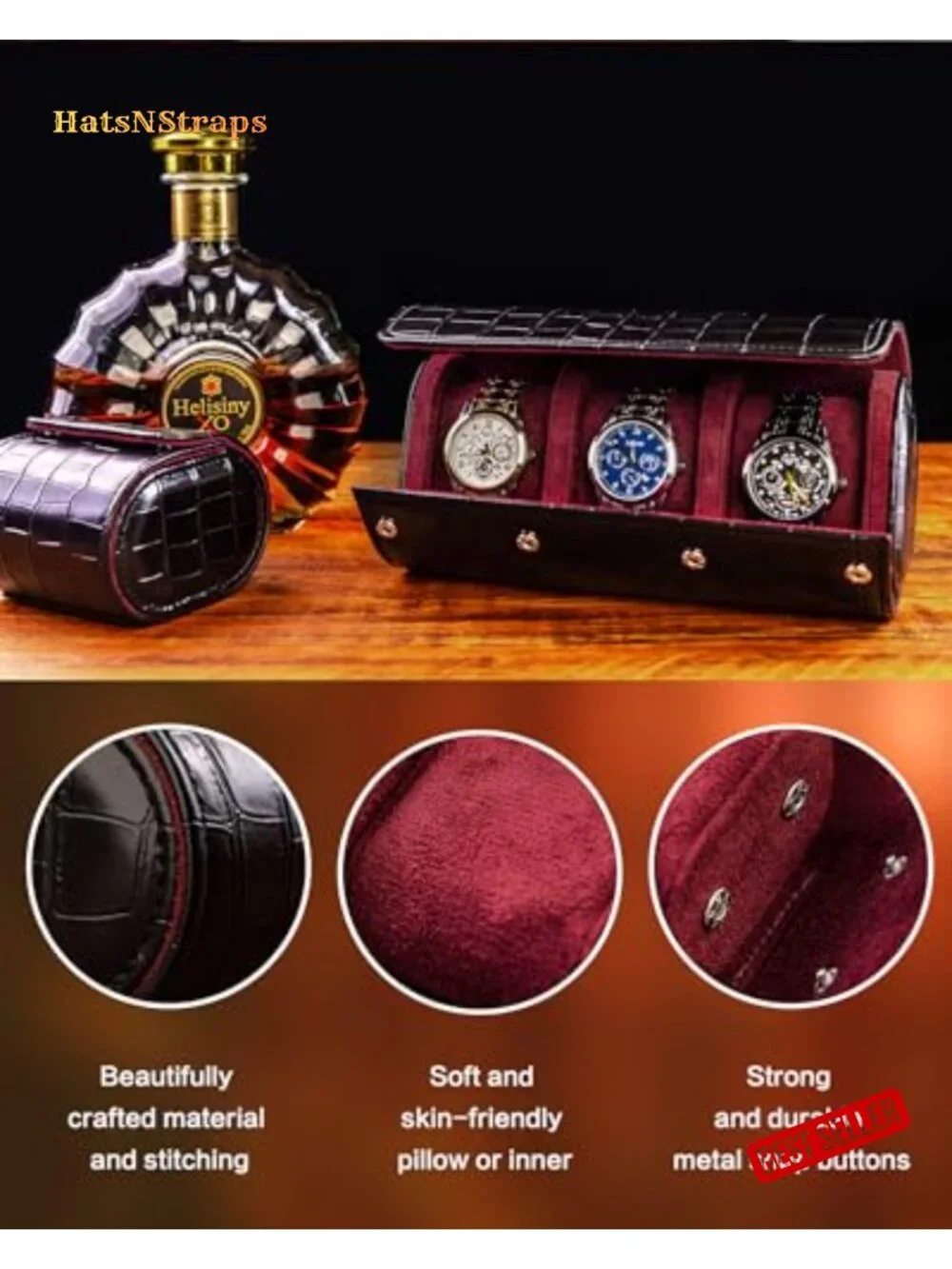 3 Watch Travel Case - Leather Watch Organizer for Men - Handmade Portable Watch